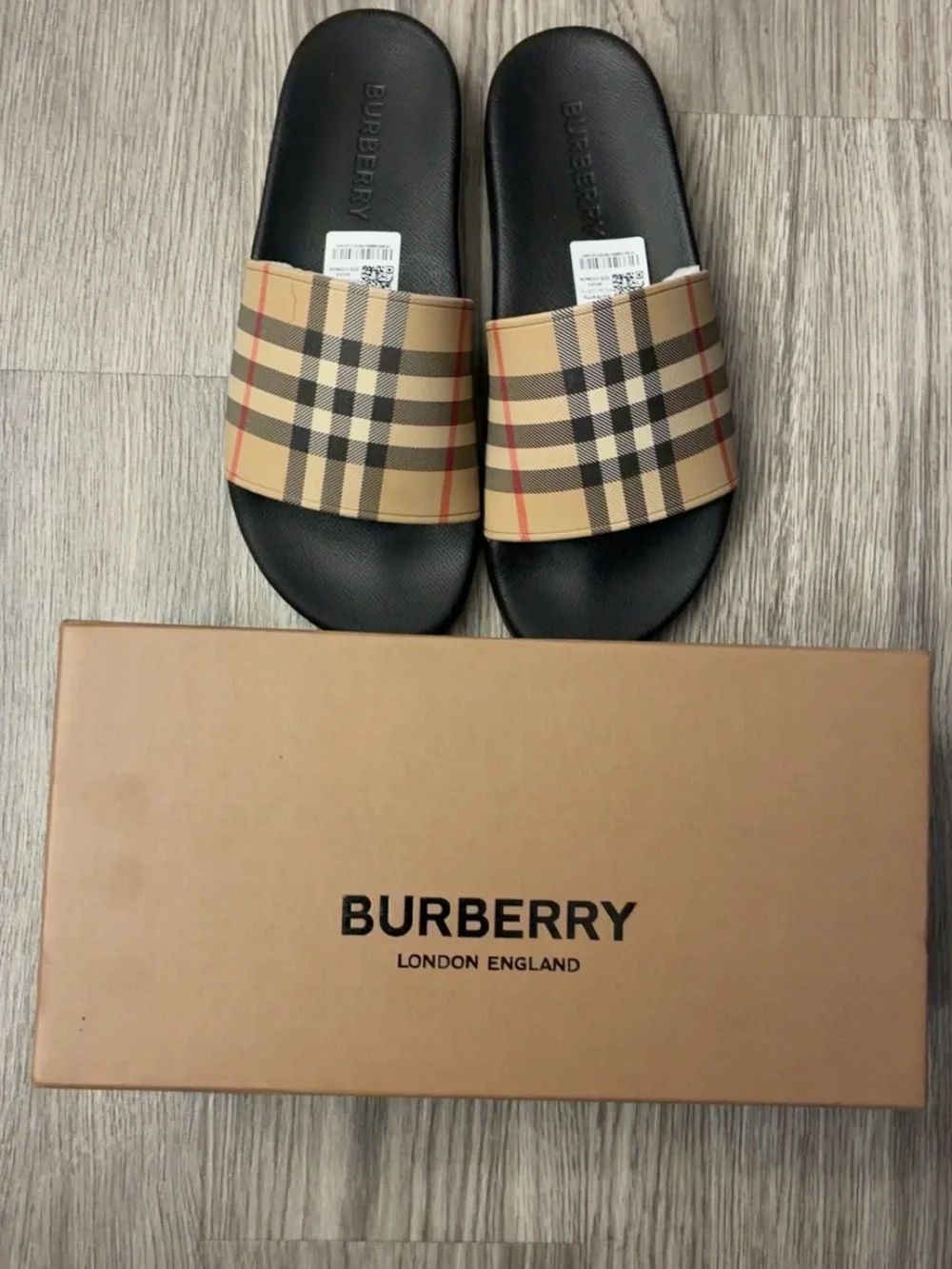 Burberry Tan Vintage Check Slide Sandals with Black Footbed